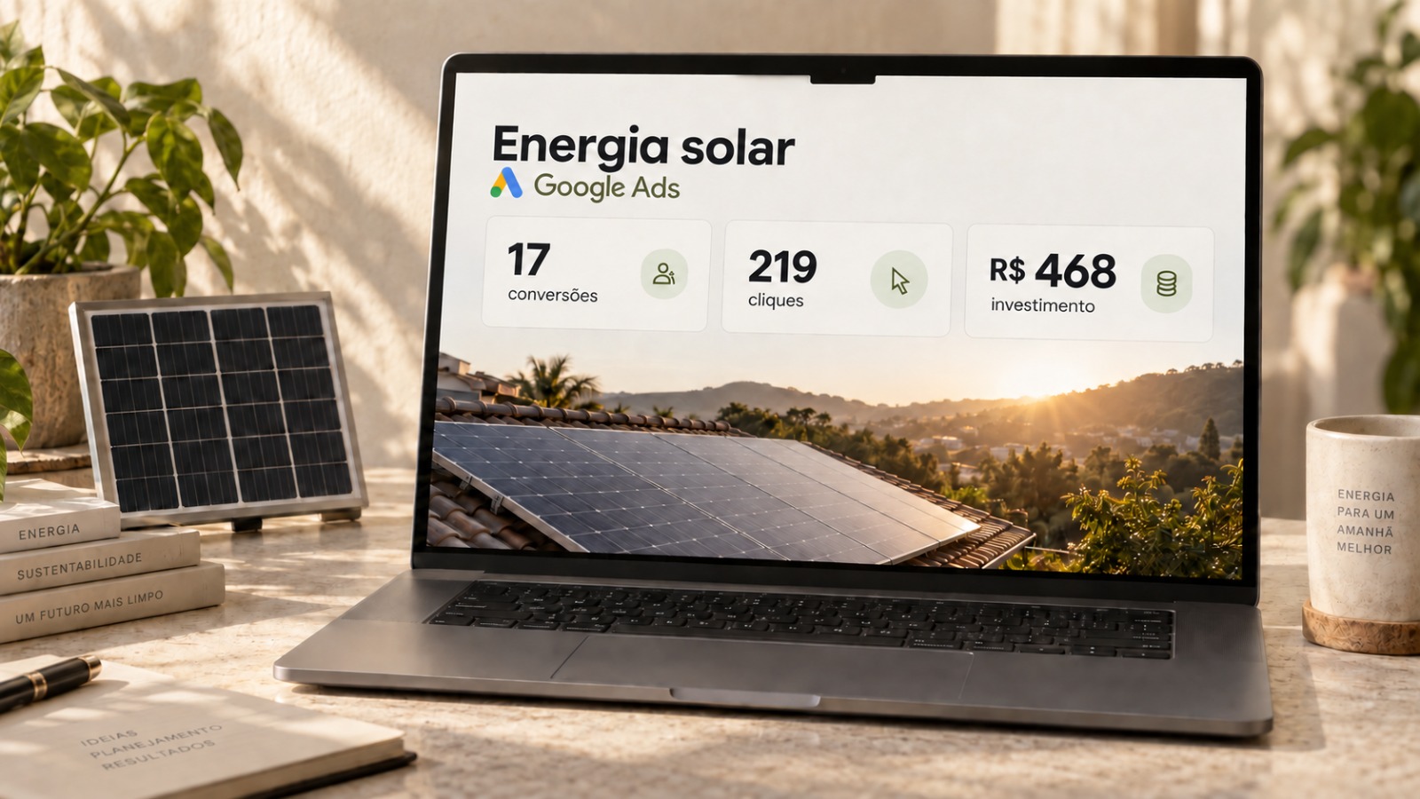 Dashboard de resultados da campanha Google Ads para empresa de energia solar